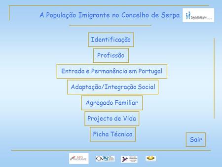 A População Imigrante no Concelho de Serpa Identificação Profissão Entrada e Permanência em Portugal Adaptação/Integração Social Agregado Familiar Projecto.