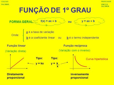 FUNÇÃO DE 1º GRAU FORMA GERAL: f(x) = ax + b y = ax + b ou