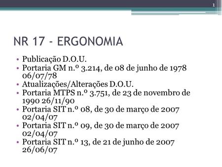 NR 17 - ERGONOMIA Publicação D.O.U.
