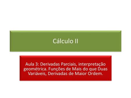 Cálculo II Aula 3: Derivadas Parciais, interpretação geométrica. Funções de Mais do que Duas Variáveis, Derivadas de Maior Ordem.