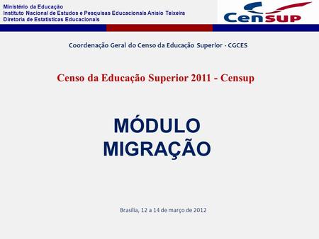 Ministério da Educação Instituto Nacional de Estudos e Pesquisas Educacionais Anísio Teixeira Diretoria de Estatísticas Educacionais Censo da Educação.