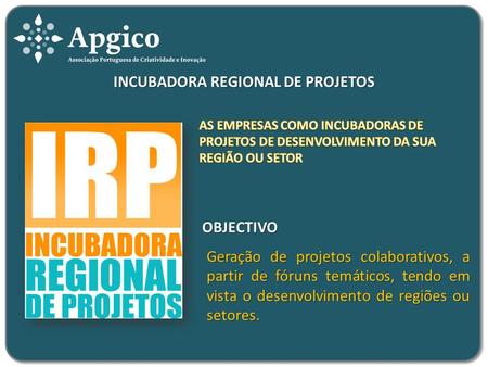 INCUBADORA REGIONAL DE PROJETOS Geração de projetos colaborativos, a partir de fóruns temáticos, tendo em vista o desenvolvimento de regiões ou setores.