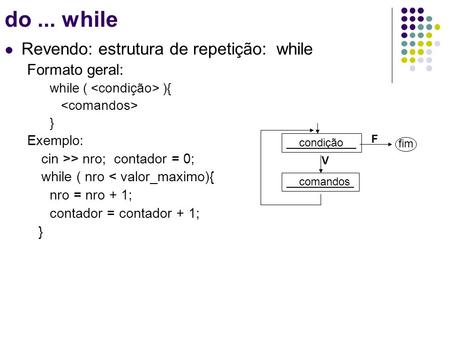 do ... while Revendo: estrutura de repetição: while Formato geral: