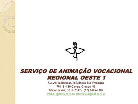 SERVIÇO DE ANIMAÇÃO VOCACIONAL REGIONAL OESTE 1 Rua Abílio Barbosa, 169, Bairro São Francisco 79118 -130 Campo Grande MS Telefones: (67) 3314-7342 / (67)