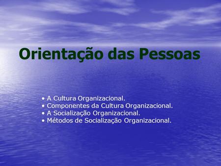 Orientação das Pessoas A Cultura Organizacional. Componentes da Cultura Organizacional. A Socialização Organizacional. Métodos de Socialização Organizacional.