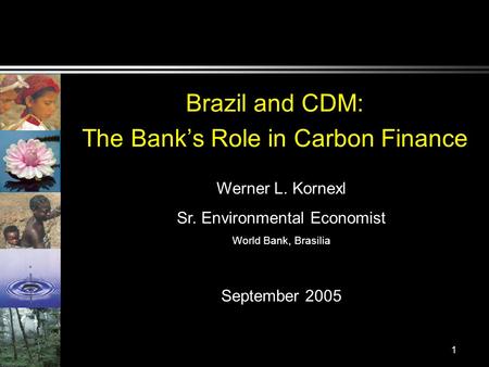 1 Brazil and CDM: The Banks Role in Carbon Finance Werner L. Kornexl Sr. Environmental Economist World Bank, Brasilia September 2005.