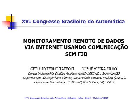 XVI Congresso Brasileiro de Automática