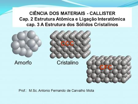 CIÊNCIA DOS MATERIAIS - CALLISTER Cap. 2 Estrutura Atômica e Ligação Interatômica cap. 3 A Estrutura dos Sólidos Cristalinos Prof.: M.Sc. Antonio Fernando.