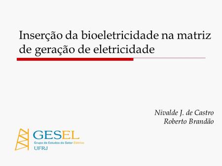 Nivalde J. de Castro Roberto Brandão Inserção da bioeletricidade na matriz de geração de eletricidade.