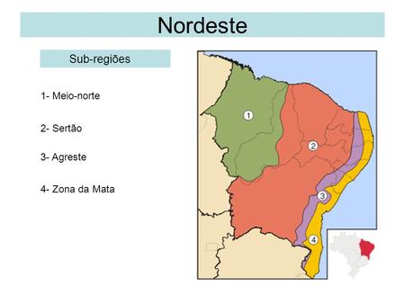 Nordeste Sub-regiões 1- Meio-norte 2- Sertão 3- Agreste