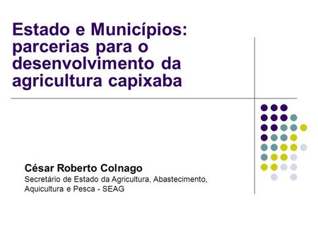 Estado e Municípios: parcerias para o desenvolvimento da agricultura capixaba César Roberto Colnago Secretário de Estado da Agricultura, Abastecimento,