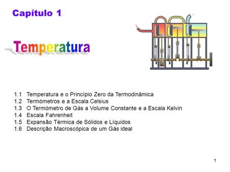 Capítulo 1 Temperatura 1.1 Temperatura e o Princípio Zero da Termodinâmica 1.2 Termómetros e a Escala Celsius 1.3 O Termómetro de Gás a Volume Constante.