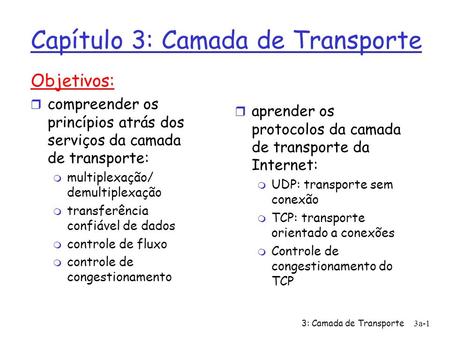 3: Camada de Transporte3a-1 Capítulo 3: Camada de Transporte Objetivos: compreender os princípios atrás dos serviços da camada de transporte: multiplexação/