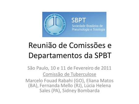 Reunião de Comissões e Departamentos da SPBT São Paulo, 10 e 11 de Fevereiro de 2011 Comissão de Tuberculose Marcelo Fouad Rabahi (GO), Eliana Matos (BA),