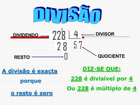 D I V I S Ã O DIZ-SE QUE: A divisão é exacta 228 é divisível por 4