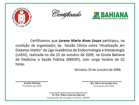 Certificado Salvador, 23 de outubro de 2009.