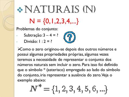 Naturais (N) N = {0,1,2,3,4,...} Problemas do conjunto: