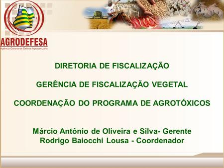 DIRETORIA DE FISCALIZAÇÃO GERÊNCIA DE FISCALIZAÇÃO VEGETAL COORDENAÇÃO DO PROGRAMA DE AGROTÓXICOS Márcio Antônio de Oliveira e Silva- Gerente Rodrigo Baiocchi.
