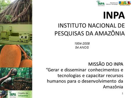 Orgulho da Amazônia INPA INPA INSTITUTO NACIONAL DE PESQUISAS DA AMAZÔNIA 1 1954-2008 54 ANOS MISSÃO DO INPA “Gerar e disseminar conhecimentos e tecnologias.