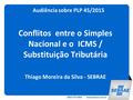 0800 570 0800 / www.sebrae.com.br Audiência sobre PLP 45/2015 Conflitos entre o Simples Nacional e o ICMS / Substituição Tributária Thiago Moreira da Silva.