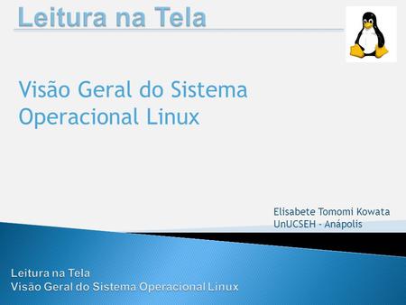 Visão Geral do Sistema Operacional Linux Elisabete Tomomi Kowata UnUCSEH - Anápolis.