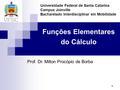 1 Funções Elementares do Cálculo Universidade Federal de Santa Catarina Campus Joinville Bacharelado Interdisciplinar em Mobilidade Prof. Dr. Milton Procópio.