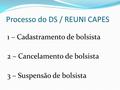 Processo do DS / REUNI CAPES 1 – Cadastramento de bolsista 2 – Cancelamento de bolsista 3 – Suspensão de bolsista.