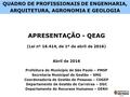 QUADRO DE PROFISSIONAIS DE ENGENHARIA, ARQUITETURA, AGRONOMIA E GEOLOGIA APRESENTAÇÃO - QEAG (Lei nº 16.414, de 1º de abril de 2016) Abril de 2016 Prefeitura.