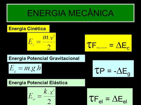 ENERGIA MECÂNICA Energia Cinética  F RESULTANTE =  E c Energia Potencial Gravitacional  P = -  E g Energia Potencial Elástica  F el =  E el.