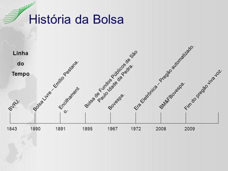 História da Bolsa BVRJ. 1843 Bolsa Livre – Emílio Pestana. Encilhament o. 18901891 Bolsa de Fundos Públicos de São Paulo Idade da Pedra. 1895 Bovespa.