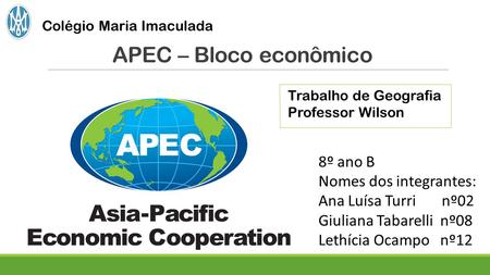 APEC – Bloco econômico Colégio Maria Imaculada 8º ano B Nomes dos integrantes: Ana Luísa Turri nº02 Giuliana Tabarelli nº08 Lethícia Ocampo nº12 Trabalho.