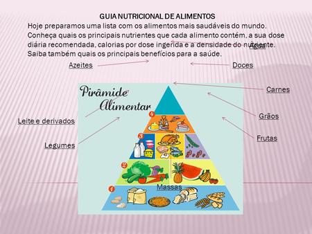 GUIA NUTRICIONAL DE ALIMENTOS Hoje preparamos uma lista com os alimentos mais saudáveis do mundo. Conheça quais os principais nutrientes que cada alimento.