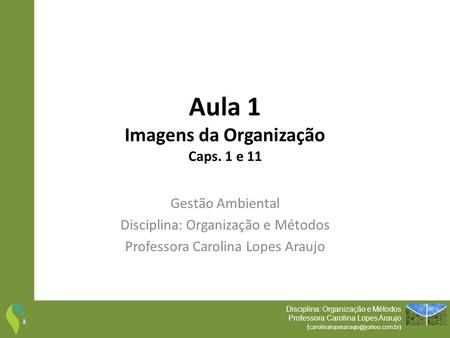 Aula 1 Imagens da Organização Caps. 1 e 11 Gestão Ambiental Disciplina: Organização e Métodos Professora Carolina Lopes Araujo Disciplina: Organização.