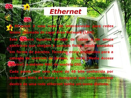 Ethernet A Ethernet é uma rede de interconexão para redes locais, chamada de Local Área Network (LAN). Esta fornece ligações através de cabos e de sinais.