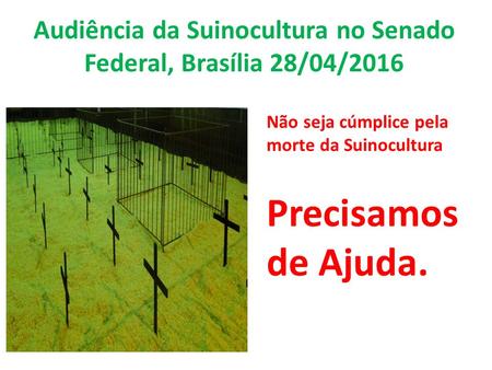 Audiência da Suinocultura no Senado Federal, Brasília 28/04/2016 Não seja cúmplice pela morte da Suinocultura Precisamos de Ajuda.