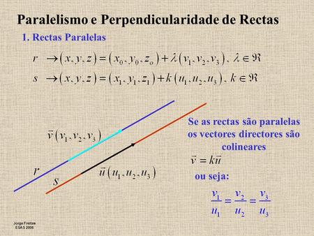 Jorge Freitas ESAS 2006 Paralelismo e Perpendicularidade de Rectas 1. Rectas Paralelas Se as rectas são paralelas os vectores directores são colineares.