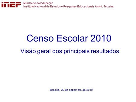 Censo Escolar 2010 Visão geral dos principais resultados Ministério da Educação Instituto Nacional de Estudos e Pesquisas Educacionais Anísio Teixeira.