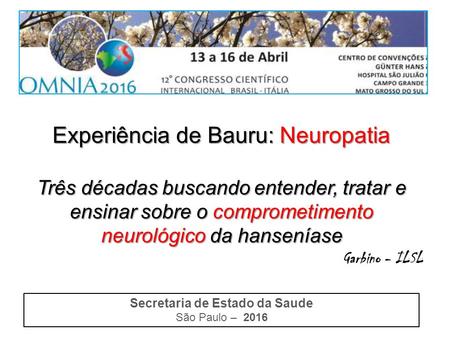 Experiência de Bauru: Neuropatia Três décadas buscando entender, tratar e ensinar sobre o comprometimento neurológico da hanseníase Garbino - ILSL Secretaria.