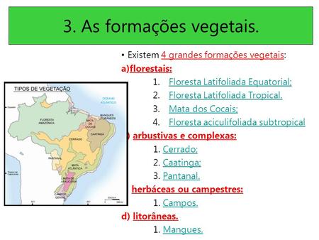 3. As formações vegetais. Existem 4 grandes formações vegetais: