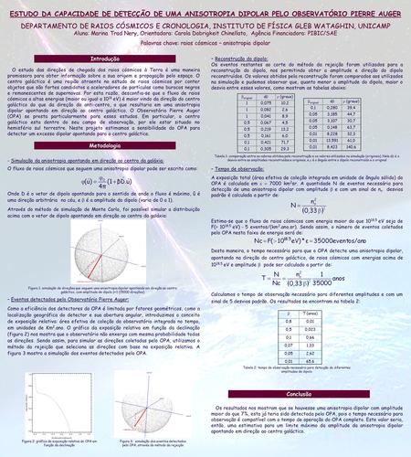 ESTUDO DA CAPACIDADE DE DETECÇÃO DE UMA ANISOTROPIA DIPOLAR PELO OBSERVATÓRIO PIERRE AUGER DEPARTAMENTO DE RAIOS CÓSMICOS E CRONOLOGIA, INSTITUTO DE FÍSICA.