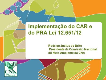 Implementação do CAR e do PRA Lei 12.651/12 Rodrigo Justus de Brito Presidente da Comissão Nacional do Meio Ambiente da CNA.