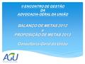 BALANÇO DE METAS 2012 e PROPOSIÇÃO DE METAS 2013 Consultoria-Geral da União.