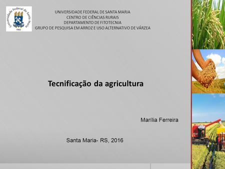 Tecnificação da agricultura Marília Ferreira Santa Maria- RS, 2016 UNIVERSIDADE FEDERAL DE SANTA MARIA CENTRO DE CIÊNCIAS RURAIS DEPARTAMENTO DE FITOTECNIA.