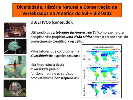 Diversidade, História Natural e Conservação de Vertebrados na América do Sul – BIZ 0303 OBJETIVOS (conteúdo): Utilizando os vertebrados da América do Sul.