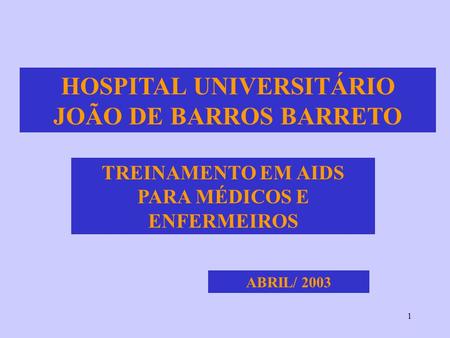 1 TREINAMENTO EM AIDS PARA MÉDICOS E ENFERMEIROS ABRIL/ 2003 HOSPITAL UNIVERSITÁRIO JOÃO DE BARROS BARRETO.