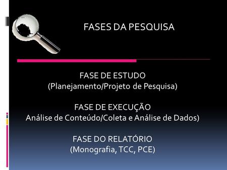 FASE DE ESTUDO (Planejamento/Projeto de Pesquisa) FASE DE EXECUÇÃO Análise de Conteúdo/Coleta e Análise de Dados) FASE DO RELATÓRIO (Monografia, TCC, PCE)