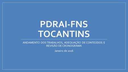 PDRAI-FNS TOCANTINS ANDAMENTO DOS TRABALHOS, ADEQUAÇÃO DE CONTEÚDOS E REVISÃO DE CRONOGRAMA Janeiro de 2016.