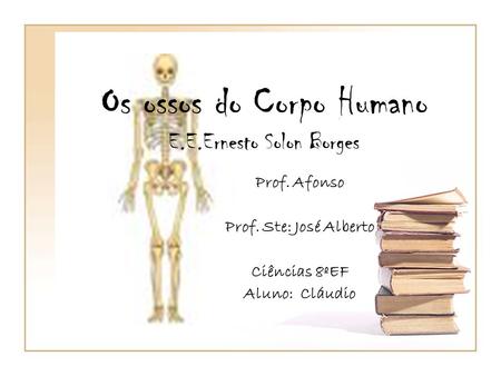Os ossos do Corpo Humano E.E.Ernesto Solon Borges Prof. Afonso Prof. Ste: José Alberto Ciências 8ºEF Aluno: Cláudio.