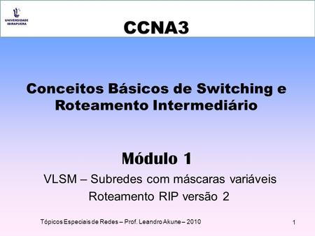 CCNA3 Conceitos Básicos de Switching e Roteamento Intermediário Módulo 1 VLSM – Subredes com máscaras variáveis Roteamento RIP versão 2 1 Tópicos Especiais.
