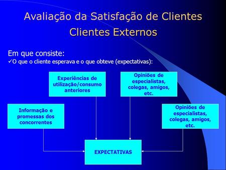 Avaliação da Satisfação de Clientes Em que consiste: O que o cliente esperava e o que obteve (expectativas): Clientes Externos Experiências de utilização/consumo.